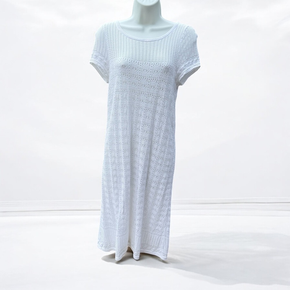 Lilly Pulitzer Knit Dress White Crochet Midi‎ Coverup Dress Short Sleeve Size L